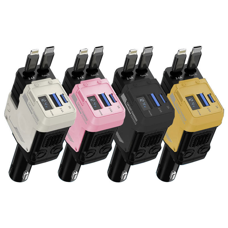 120W Car Charger with Digital Display and Retractable Cable