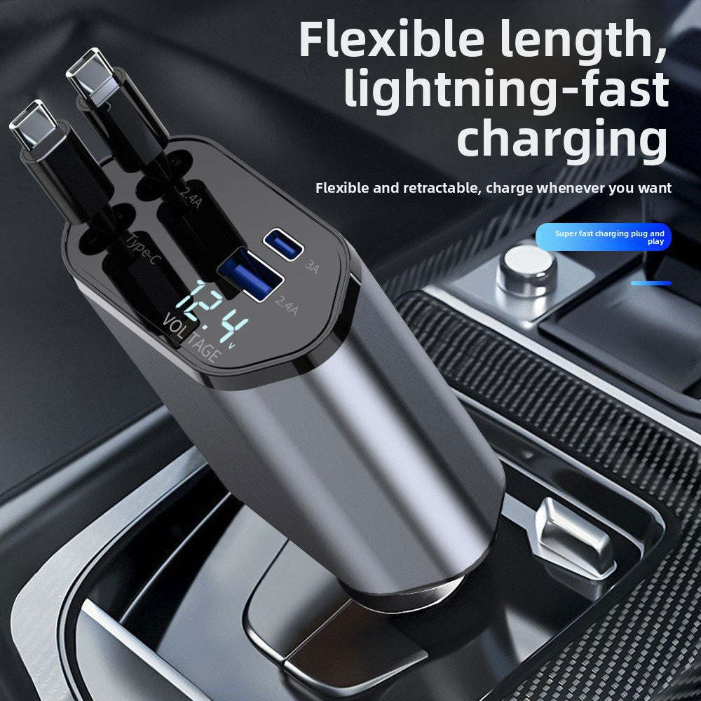 120W Car Charger with Digital Display and Retractable Cable