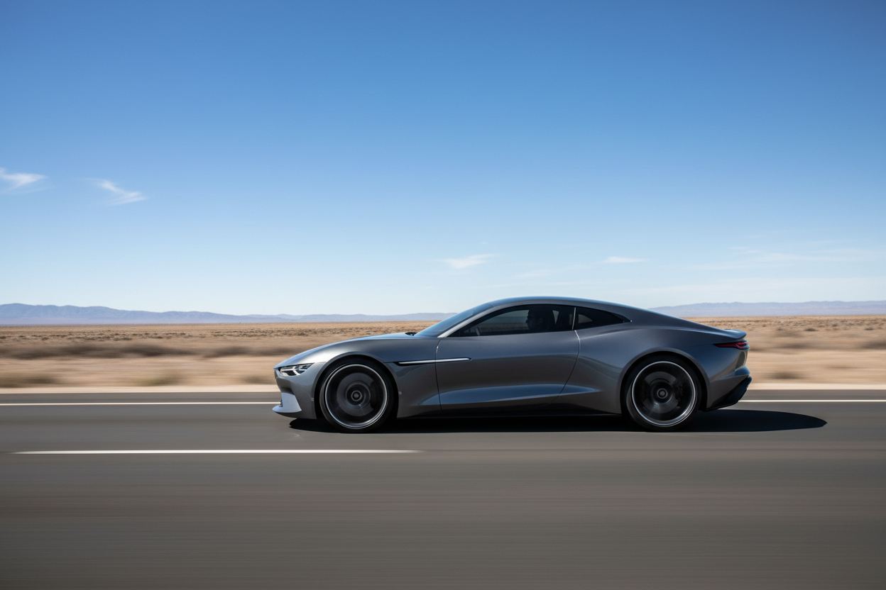 generate a car driving on the road not a car that is trademarked 